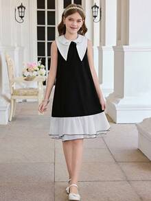 SHEIN Vestido sin mangas con cuello elegante y de moda para niña preadolescente - Blanco y Negro - Ver 4