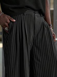 NEON BLANC Men's Casual Commuter Fashion Street Striped Print Pleated Loose Wide Leg Pants, Belt Not Included - Black - View 5