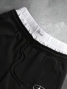 PAVTROS 男士刺绣双层腰带口袋宽松休闲短裤 - 黑色 - 查看 4