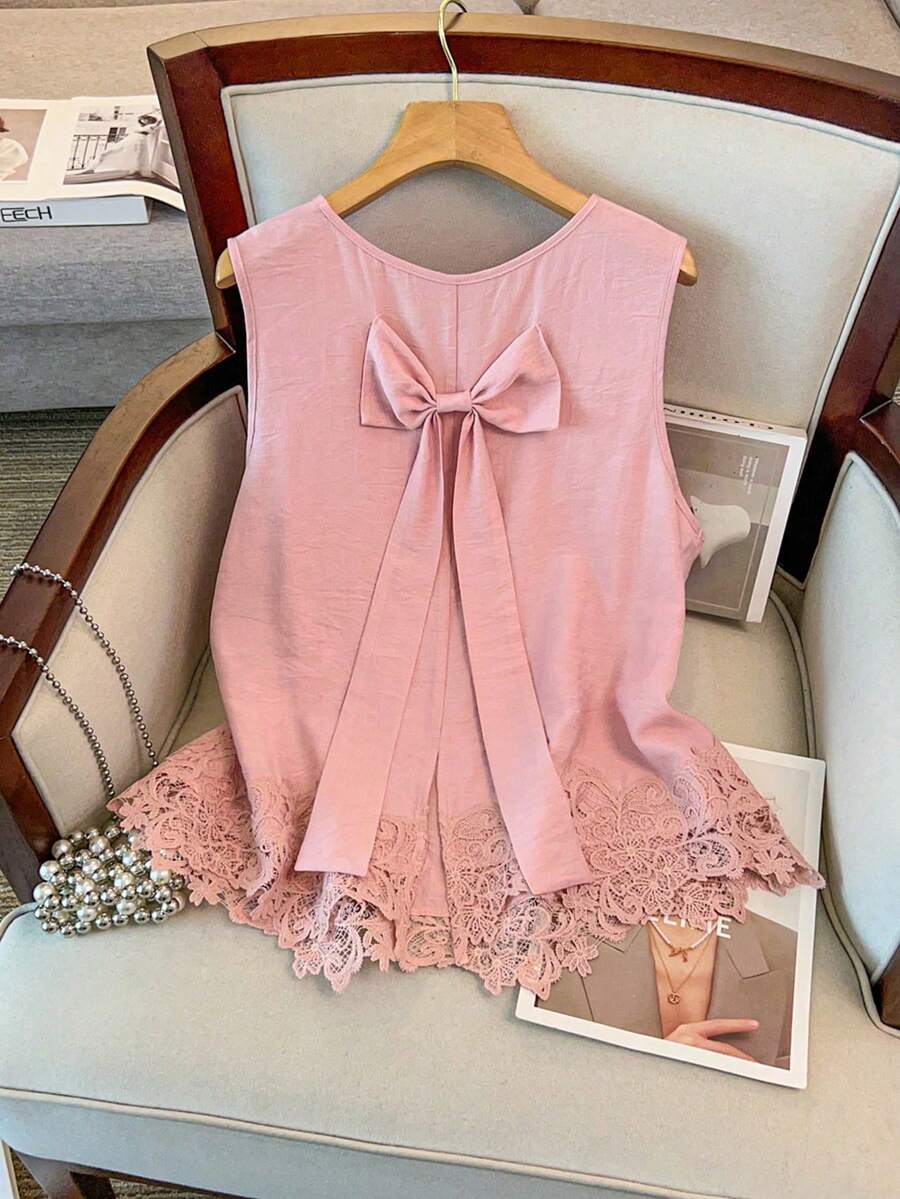 GlowEve CURVE Plus Size Women Bow Decor Lace Trim Tank Top, Fashionable Vintage Elegant Casual Vacation Sleeveless Top - Pink - View 1