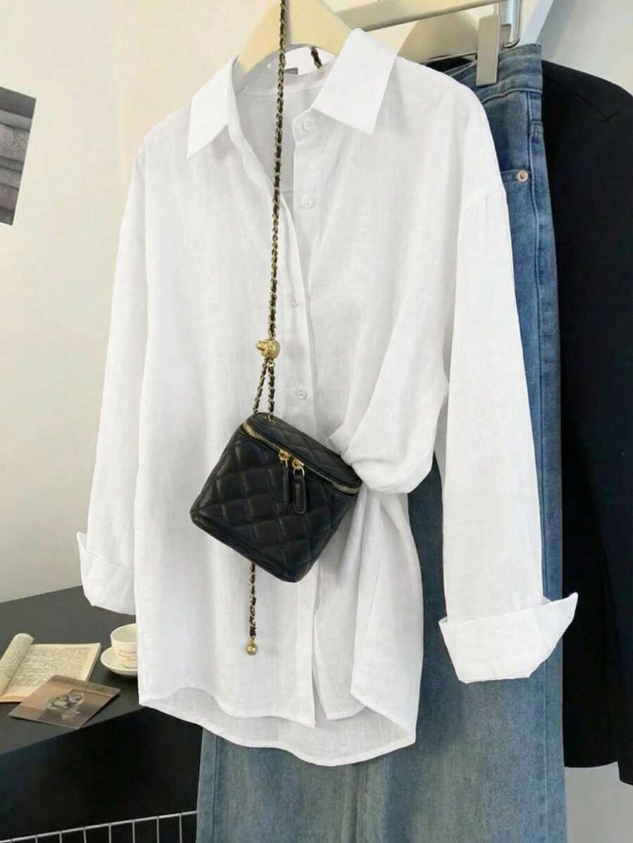 Franclia 女士纯色前开襟休闲长袖衬衫 - 白色 - 查看 1