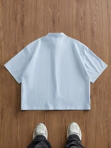 EASEVO 加大码男士条纹字母印花短袖单排扣休闲衬衫 - 彩色 - 查看 2