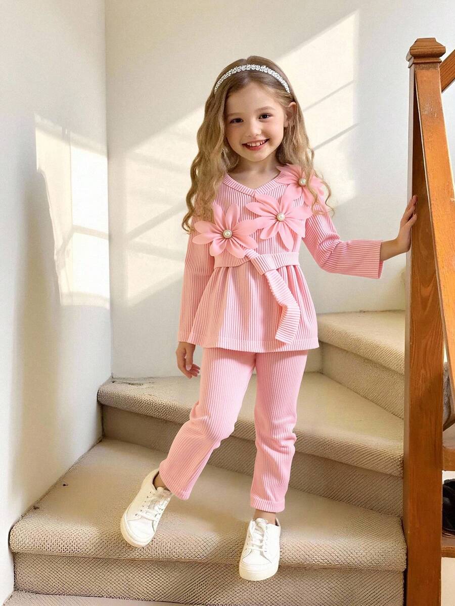 Elladie kids 2 Stück/Set Mädchen (klein) Geripptes Langarm V-Ausschnitt T-Shirt mit 3D Perlenblume & Hose Set, elegante Mode für den frühen Herbst Kinderoutfit - Pink - Übersicht 1