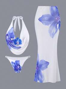 Swim Oasis 女士度假花卉泳衣三件套，时尚性感深V领吊带比基尼上衣和迷你裙，大码套装 - 藍白色 - 查看 2