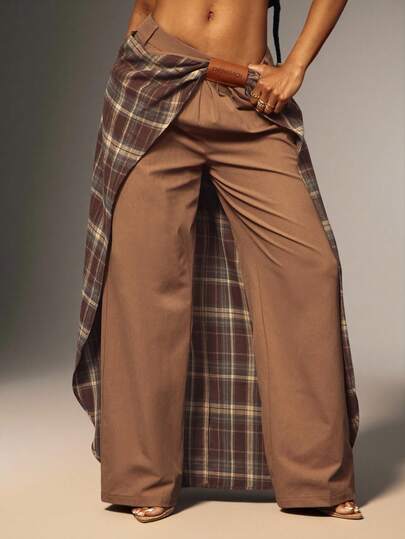 Denimoi Pantalones anchos con detalles de falda a cuadros, pantalones de declaración de moda para uso diario