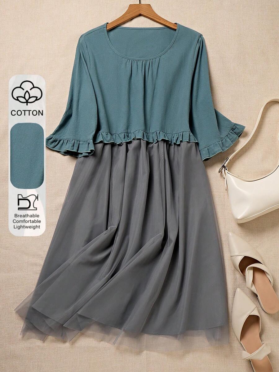 Louniche Loose Lace Chiffon Frill Trim Vacation Dress - Multicolor - View 1