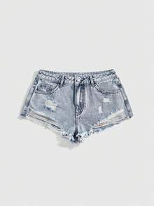 ROMWE Fairycore 复古花卉刺绣做旧牛仔短裤 - 藍色 - 查看 2