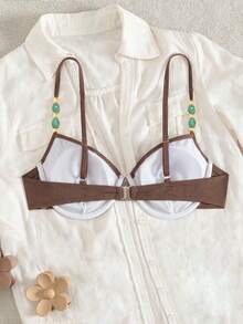 Swim Chiccia Top de bikini con aros y tirantes ajustables con cuentas, unicolor, para mujer - Café integral - Ver 4