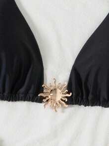 Swim Vcay 3pcs Set Women Solid Triangle Wireless Halter Top, Tie Side Swim Bottom Bikini Set And Mesh Cover-Up Skirt, Summer Beach Holiday Swimwear Ibiza Outfit - Black - View 5