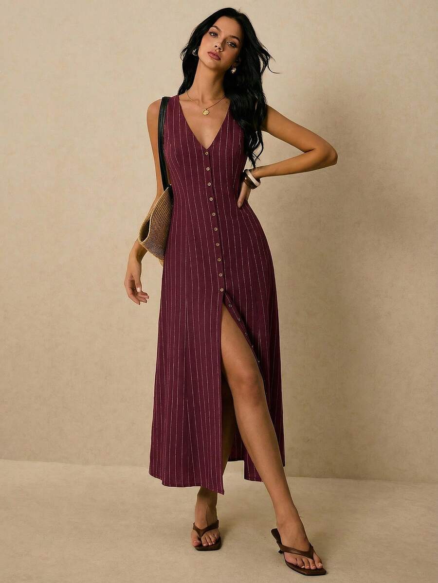 Poéselle Women's Striped Single-Breasted V-Neck Sleeveless Casual Dress - Burgundy - View 1