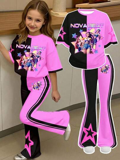 Conjunto de 2 piezas para adolescentes de vuelta al colegio con camiseta de manga corta de cuello redondo holgada y pantalones acampanados, en contraste de colores morado y negro, con estampado de chica de dibujos animados, en estilo casual, retro y dulce americano, para campus, picnic al aire libre, estilo callejero y uso en casa