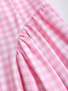 Sweetra 法式浪漫格纹喇叭裙甜美蓬蓬裙吊带夏季女装 - 粉色 - 查看 4