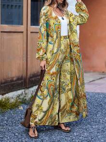 EMERY ROSE 女士度假休闲开衫和裤子两件套（随机花卉图案） - 綠色 - 查看 3