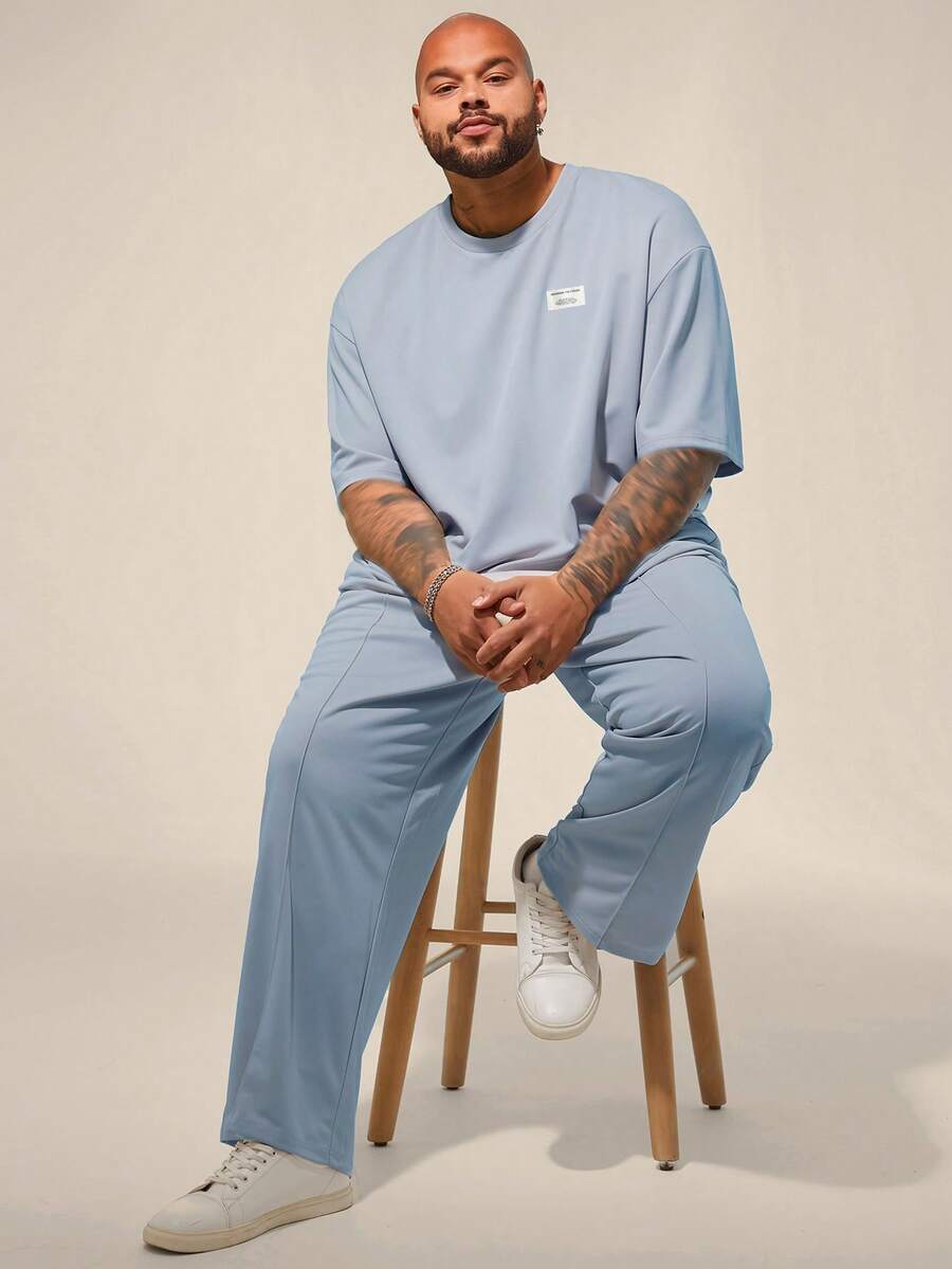 EASEVO 加大码男士纯色休闲T恤和裤子套装 - 藍色 - 查看 1