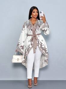 SOLERSUN Plus-Size Women's Clothing Suitable For All Seasons, Elegant And Casual, Perfect For Daily Commutes. White Print, Non-Stretch Woven Fabric, V-Neck, Long Sleeves, Asymmetrical Cuffs, Waist Tie, Adjustable And Detachable Belt, A-Line Hem (Shorter In The Front, Longer In The Back), Long Shirt. - Apricot - View 5