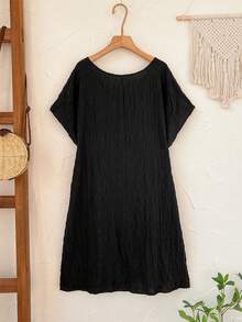 Rusticease 大码女式V领短袖口袋休闲度假连衣裙，春季 - 黑色 - 查看 2