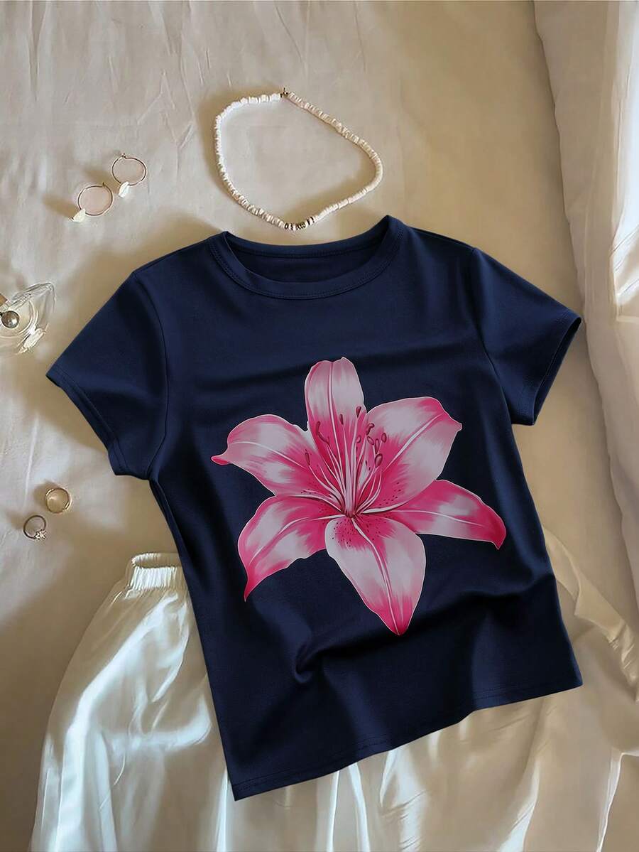 INAWLY Women's Casual Lily Flower Print Short Sleeve T-Shirt, Summer Holiday Style - Navy Blue - View 1