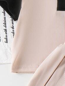 两件套幼儿针织杏色短袖polo衫配百褶裙套装，休闲简约日常穿着 - 卡其色 - 查看 5