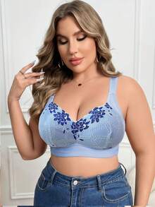 DesireSculpt 1 pieza Sujetador inalámbrico de encaje y parches para tallas grandes - Celeste - Ver 6