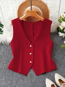 SHEIN LUNE Áo kiểu nữ cỡ lớn màu đỏ mùa xuân và hè, áo sơ mi thanh lịch cho ngày Valentine màu đỏ, áo kiểu trang trọng không tay cổ chữ V với trang trí kim loại, nhẹ nhàng, kiểu dáng mới mùa hè phù hợp cho công sở và lễ tốt nghiệp, áo kiểu không tay màu trơn thanh lịch, áo kiểu Valentine mùa hè màu đỏ. - Đỏ - Xem 2