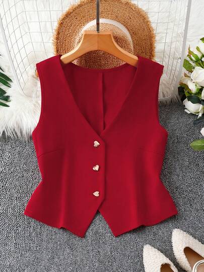 SHEIN LUNE Blusas rojas elegantes de verano y primavera para mujer de talla grande, con cuello en V sin mangas, decoraciones metálicas, ligeras y apropiadas para oficina y graduación. Blusas sin mangas de unicolor elegantes, atuendos de San Valentín de verano para mujer, blusas, blusas rojas, chalecos de mujer, chalecos rojos, blusas color vino tinto, blazers rojos para mujer