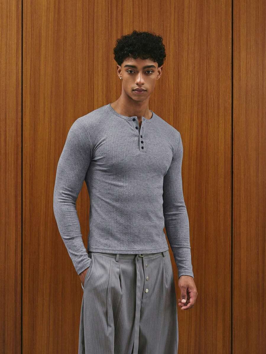 TOKVUE 男士休闲罗纹针织亨利领长袖T恤，纯色，适合日常通勤，春秋季百搭 - 灰色 - 查看 1