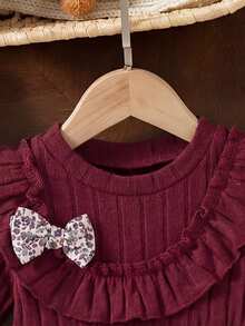 SHEIN 女婴针织圆领荷叶边连衣裙，莲藕粉色 - 酒紅色 - 查看 5