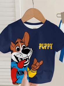 2pcs/Set Young Boy Casual Cute Cartoon Puppy Print Round Neck Short Sleeve T-Shirt And Striped Puppy Print Shorts, Suitable For Summer - Multicolor - View 5