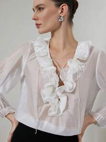 Aveloria Modichic French Ruffle Tie Cuff Unique Deep V Design Long Sleeve Blouse - White - View 6