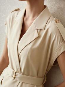 MOTF PREMIUM 春夏高端设计感优雅套装，时尚收腰显瘦通勤装，独特纽扣装饰西装外套搭配阔腿裤，女士两件套 - 杏色 - 查看 3