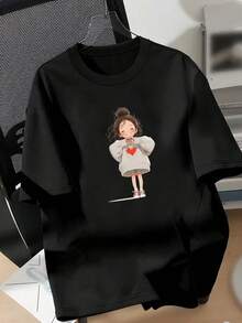 EMERY ROSE Sweet Girl Style Cartoon Heart-Centric Girl Printed Casual Plus-Sized T-Shirt