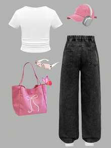 SHEIN 2pcs/Set Girls Butterfly Collar Design Straight Leg Jeans & Short Sleeve T-Shirt - Multicolor - View 2
