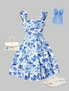 新款欧美风夏季蓝色印花连衣裙，适合青少年女孩，法式复古田园风格，褶裥腰身A字裙，INS热门单品，适合12-16岁女孩，沙滩度假连衣裙，优雅无袖背心连衣裙，适合毕业派对和日常休闲穿着，时尚蓝白瓷纹印花公主裙。 - 藍色 - 查看 4