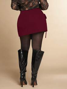 SHEIN BAE 大码女式纯黑色不对称多层开衩迷你裙，工作裙，优雅裙，通勤裙，休闲裙，办公室裙，紧身裙，性感裙 - 紫紅色 - 查看 2