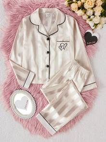Tween Girls Pajamas-2 Piece Pajama Set Heart Embroidery Satin Look Champagne Pink Button Front Notch Collar Long Sleeve Top Long Pants Contrast Black Piping Sleepwear Four Seasons Holiday 2026 Essential Gift Cozy Versatile - Champagne - View 4