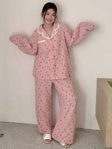 Dazy Plus 两件套碎花宽松长袖上衣和长裤睡衣套装，粉色，春秋季 - 粉色 - 查看 6