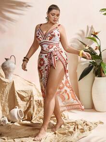 Swim Oasis 大码连体泳衣，网纱裙摆，暖色调花卉印花，可调节肩带 - 彩色 - 查看 6