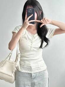 DAZY 女士拼接二合一修身短袖T恤，白色，春夏款 - 白色 - 查看 6