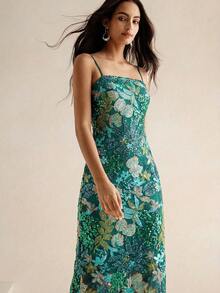 Anewsta Vestido maxi elegante de mujer con estampado colorido y cuentas, sin tirantes, de longitud media - Verde - Ver 5