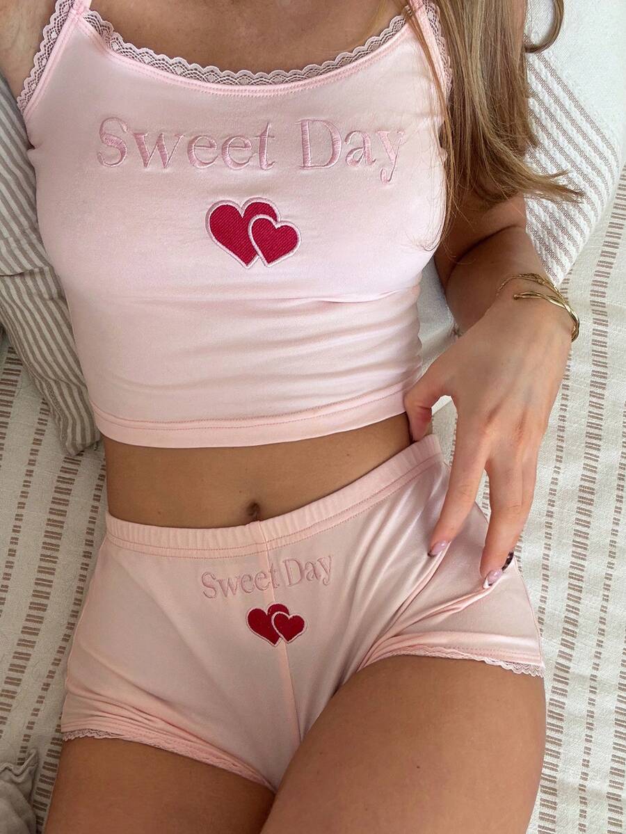 CovetEZ 2件套女士蕾丝拼接刺绣吊带背心和短裤休闲套装 - 粉色 - 查看 1
