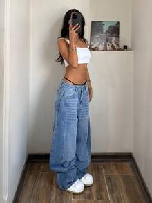 StreetHx 时尚休闲街头风织带低腰破洞牛仔裤 - 中等水洗藍 - 查看 3