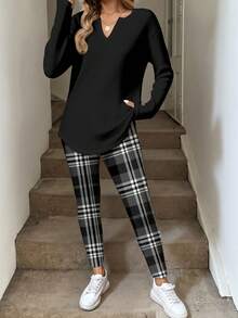 SHEIN LUNE 2pcs/Set Kaos Lengan Panjang Motif Kotak-kotak dan Legging Ukuran Besar untuk Wanita, Musim Gugur/Dingin - MultiWarna - View 3