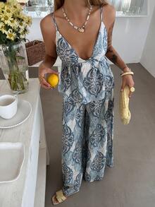 DAZY 女士V领系带腰身印花休闲度假沙滩宽松上衣和直筒裤两件套，春夏邮轮度假女装 - 藍色 - 查看 3