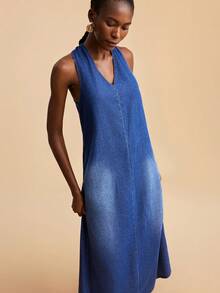 Travachic 女士时尚V领牛仔连衣裙，夏季 - 中等水洗藍 - 查看 7