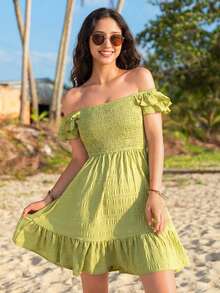 SHEIN Teen Girl'S Off Shoulder Ruffle Hem Dress Beach Dresses - Lime Green - View 2