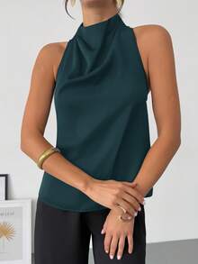 Firerie Xuân/Hè Mới Thanh lịch Thường ngày Cổ điển Hiện đại Cổ áo không đều Không tay Halter Không lưng Nơ Trang trí Áo cánh đen bó sát đi làm - Màu xanh ngọc - Xem 6