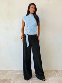 Aloruh Light Blue Pleated Metal Buckle Decor Elegant Casual Office Summer Shirt - Blue - View 3