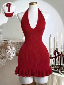 Franclia 早春浪漫情人节氛围V领露背系带修身3D立体花朵荷叶边针织连衣裙 - 紅色 - 查看 6