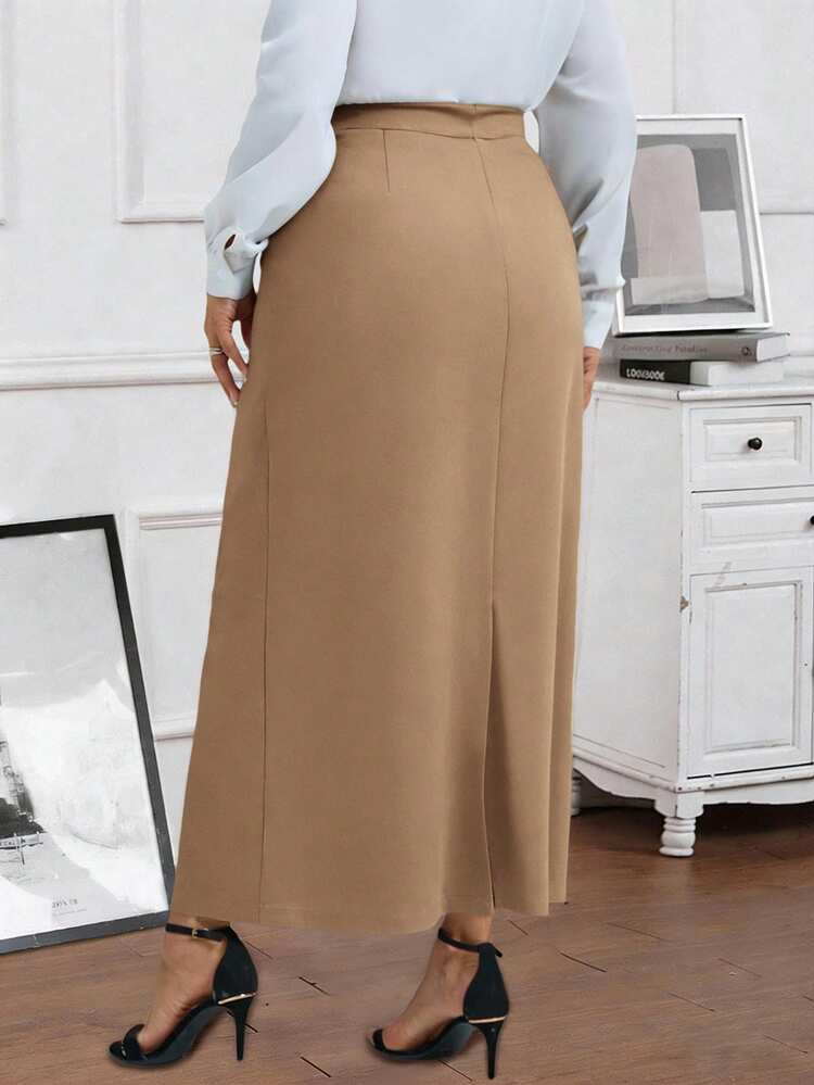 Plus Size Women's Summer Casual Vacation Solid Color High Waist Long Casual/Office Skirt,Spring Break, Vacation Women, Holiday For Women,Going Out,2026 New,Simple And Fashionable For Everyday Wear, Khaki Skirt Women, Elegant Skirt, Skirt For Women