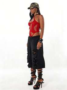 SUMWON WOMEN Halter Neck Cutout Bodysuit With Lace Up Front Detail And Cross Back Straps For Festival Clubwear - Red - View 4